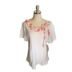 Focus Linen Shirt Size Extra Large White Lagenlook Floral Short Sleeve Shirt NEW